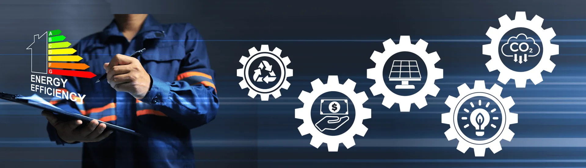 Person holding clipboard in background with icon images to illustrate energy efficiency