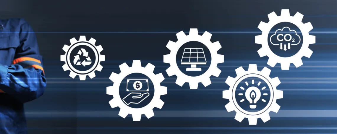 Person holding clipboard in background with icon images to illustrate energy efficiency