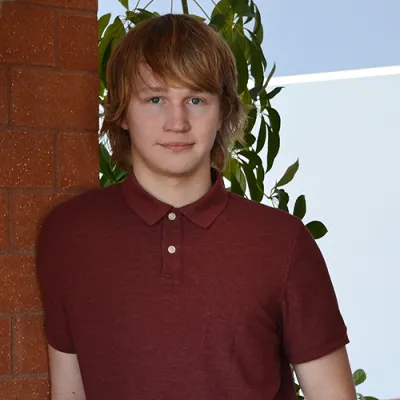 Link, Young man wearing a red polo shirt leans against a brick wall with plant in background, profile page